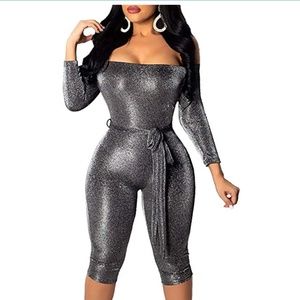 Silver Glitter Off Shoulder 3/4 Sleeve Jumpsuit